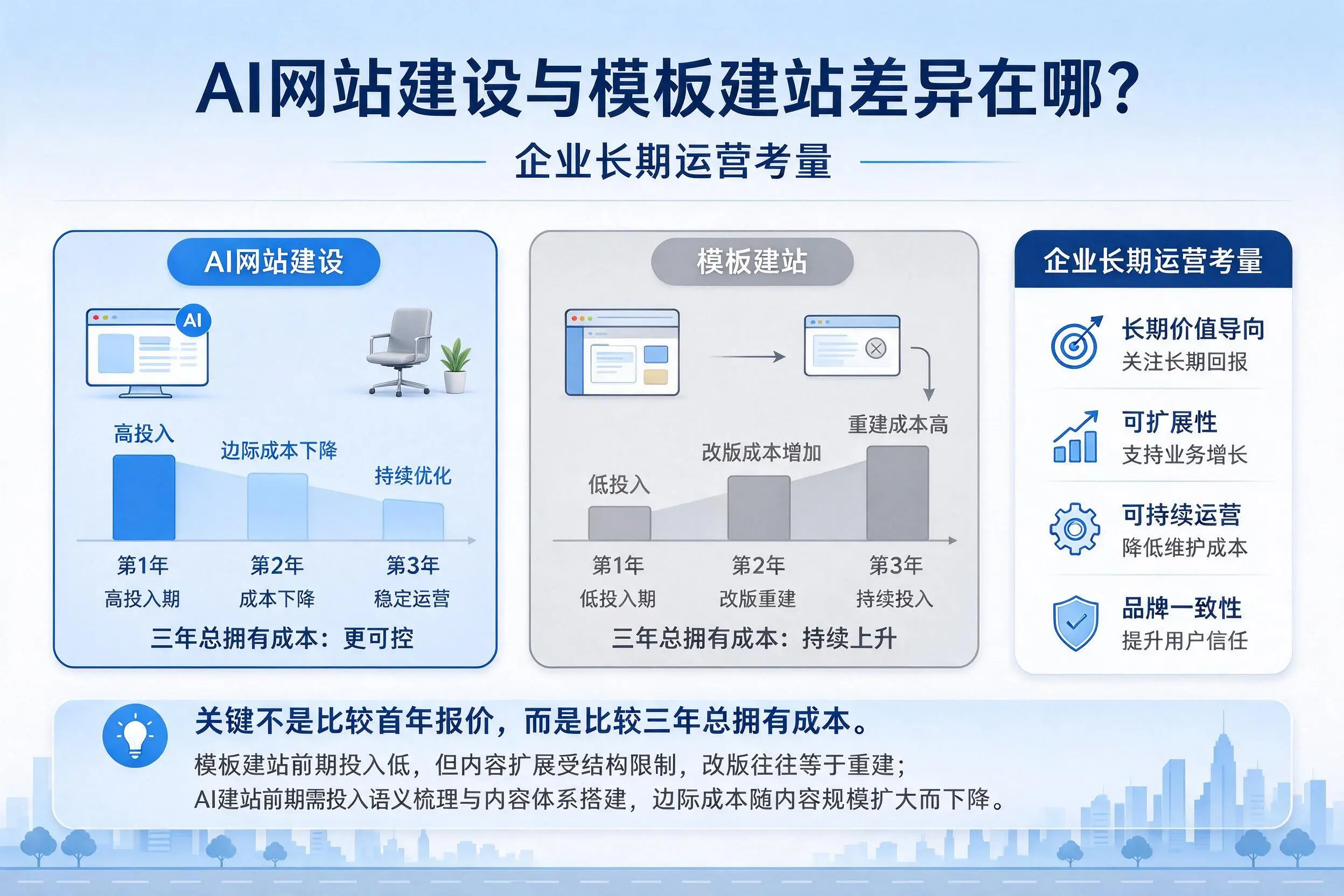 AI网站建设与模板建站差异在哪？连云港企业长期运营考量